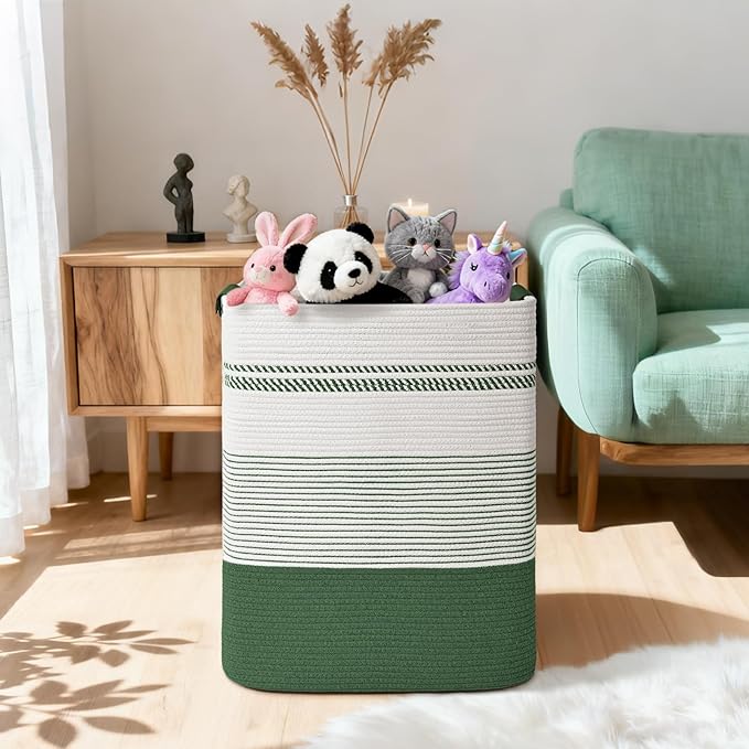 Laundry Hamper, 85L Tall Laundry Basket with Leather Handles, Rectangle Large Clothes Hamper for Organizing, Cotton Woven Laundry Baskets Storage Hampers for Bedroom, Nursery, Living Room