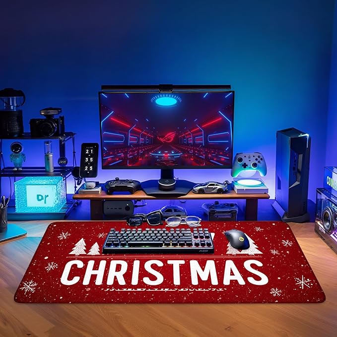 Merry Christmas Gaming Mouse Pad 35.4"x15.7"Desk Mat Anti-Slip Rubber Base & Durable Stitched Edges for Gamers Smooth Mouse Writing Surface for Desk Office/Home