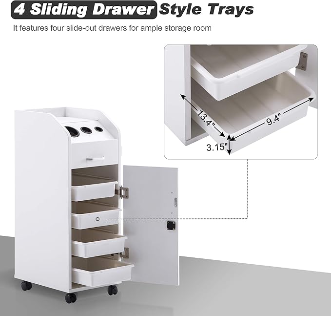 BarberPub Beauty Salon Trolley Storage Cart Hair Dryer Holder Stylist Equipment with Lockable Rolling Wheels, Drawer (White)