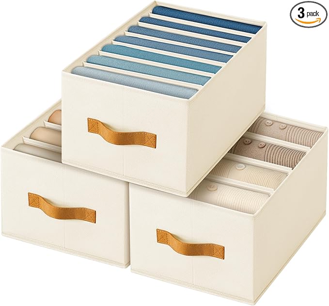 Clothes Organizers and Storage - 4/5/7 Grids Fabric Jeans Organizer with Handles, Foldable Closet Organizers Dividers, Wardrobe organizer for Pant, Sweater, T-shirt, Scarf, 3 Pack, Beige