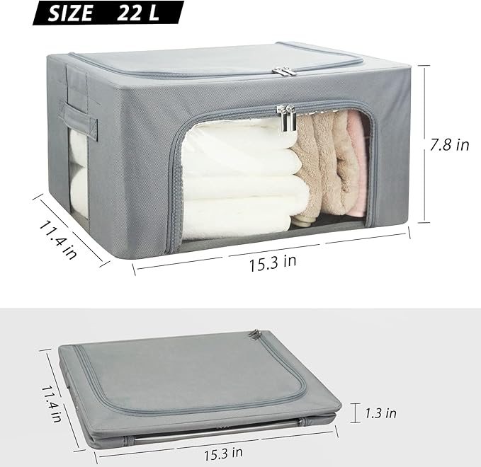 UUBEMM Clothes Storage Bins with Foldable Sturdy Frame,Stackable Storage Box for Closet Shelf Organizers for Seasonal Clothing,Blankets,Towel Bed Sheets,Toys Gift Others (Small -22L x3PACK, Grey)