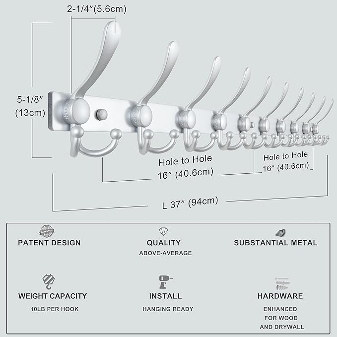 Dseap MaxStrong 2.0 Coat Rack Wall - 37” Long 10 Tri Hooks - Ultra Heavy-Duty Stainless Steel Wall Mount Coat Hanger, Hook Rail for Clothes Hats Jacket Towels Silver, Pack of 2