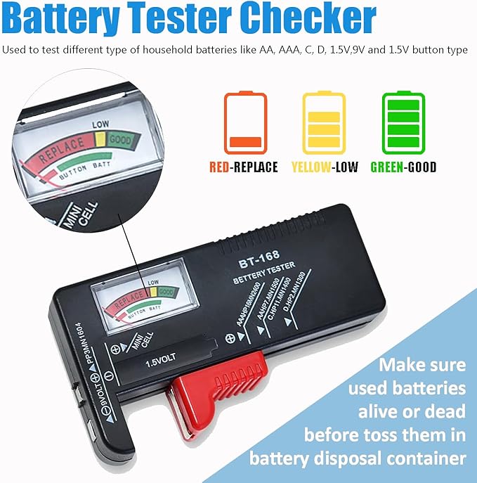 2 Pcs Battery Recycling Container with Battery Testers for Household Batteries, Used Battery Disposal Container with lid for Home Use, Office, Garage, Schools (1.32 Gallon)