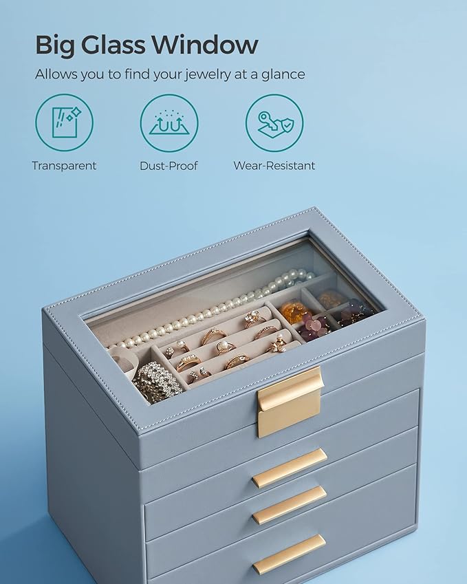 SONGMICS Jewelry Box Organizer with Glass Lid, 4-Layer Jewelry Storage, with 3 Drawers, Modern Style, Christmas Gift, 6 x 9.9 x 8.5 Inches, Smoky Blue and Gold Color UJBC161Q01