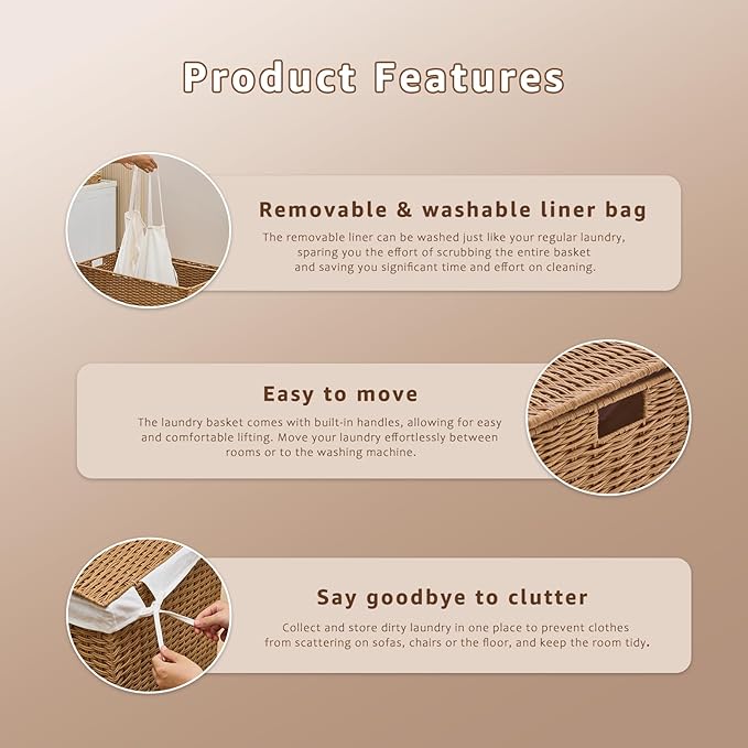 Laundry Hamper with Lid and Removable Liner Bag, Handwoven Rattan Clothes Hamper with Heightened Feet, Wicker Laundry Basket for Clothes and Towels，Large, 2-sections