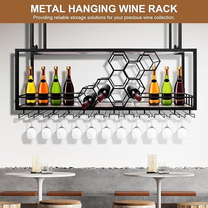 Metal Hanging Wine Rack Hanging Organizer Ceiling Bar Wine Glass Rack with Glass Holder and Shelf Multi Functionl Wine Bottle Holder Organizer, for Bar Cafe Kitchen