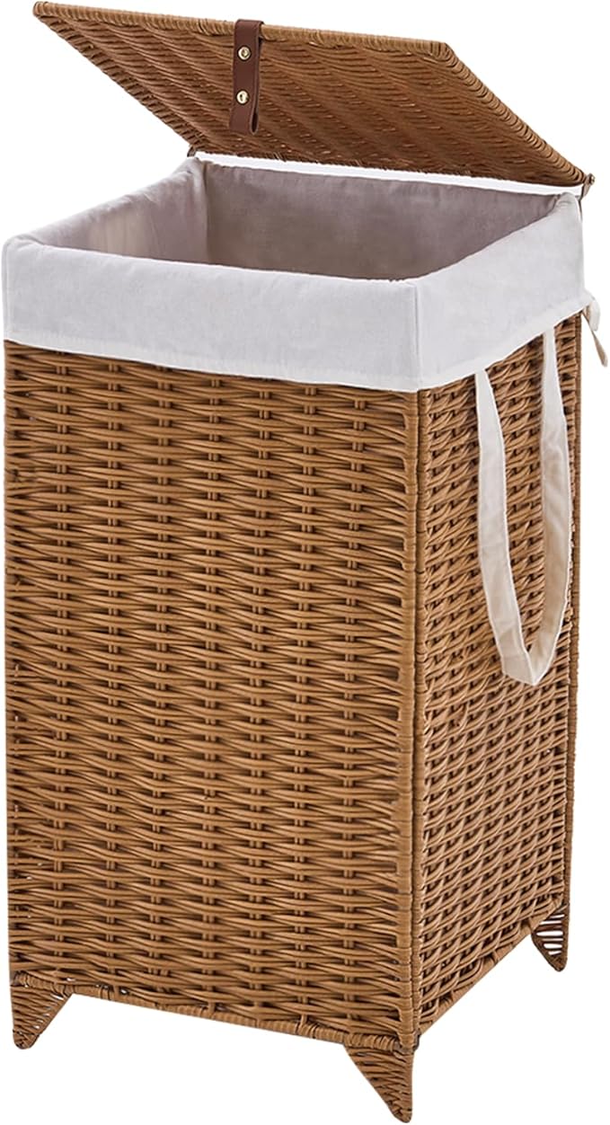 Laundry Hamper with Lid and Removable Liner Bag, Handwoven Rattan Clothes Hamper with Heightened Feet, Wicker Laundry Basket for Clothes and Towels，Small