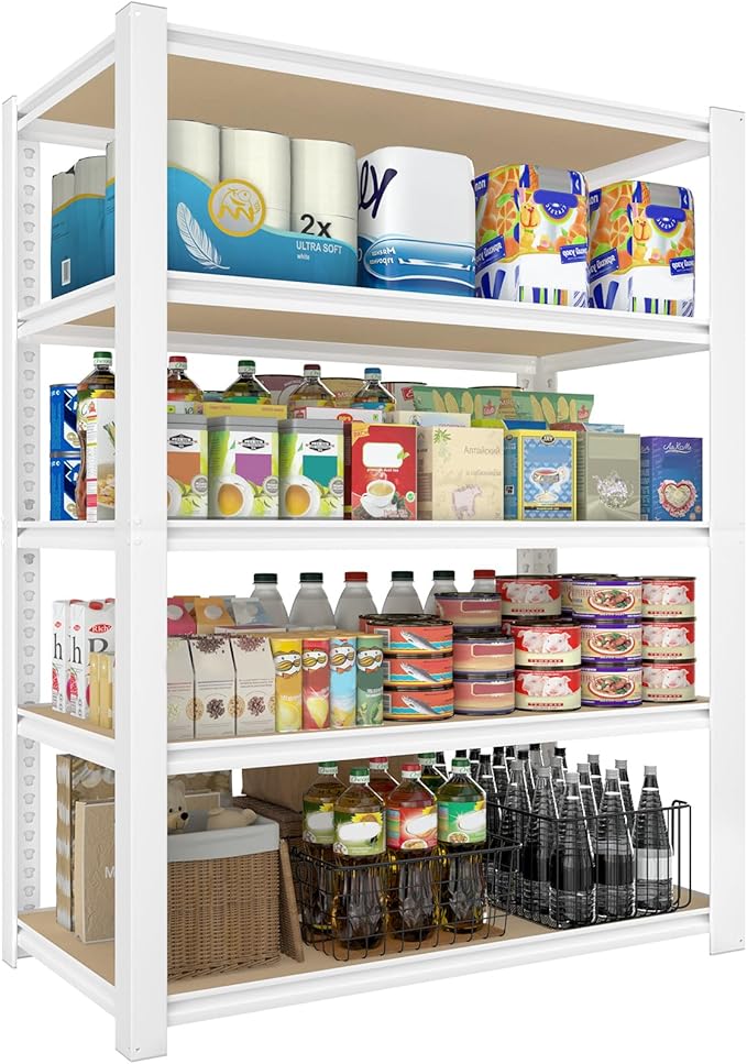 PrimeZone 28" W x 12" D x 59" H Closet Storage Shelves - 5 Tier White Metal Connector Shelving, Adjustable Heavy Duty Garage Shelves, Utility Rack Organizer Shelf for Kitchen Pantry Closet Garage
