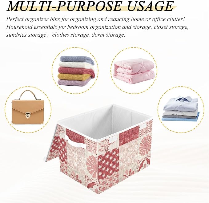 Storage Bin with Lid, Linen Textures Flower Large Collapsible Storage Box 300D Oxford Fabric Flip Lid Storage Box for Bedroom Shelves Closet Home Office