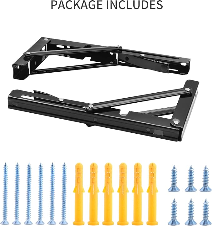 YUMORE Folding Shelf Brackets, 10 Inch Heavy Duty Collapsible Shelf Bracket, Black DIY L Bracket for Workbench Folding Table Hinge, Max Load: 330lb, 2 Pack