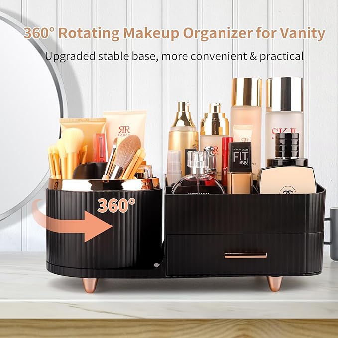 Makeup Organizer for Vanity, Cosmetic Display Case with Drawers, Fits Makeup, Skincare Products, Brushes, Lipsticks, and Other Accessories, Versatile Storage Solution (Black)