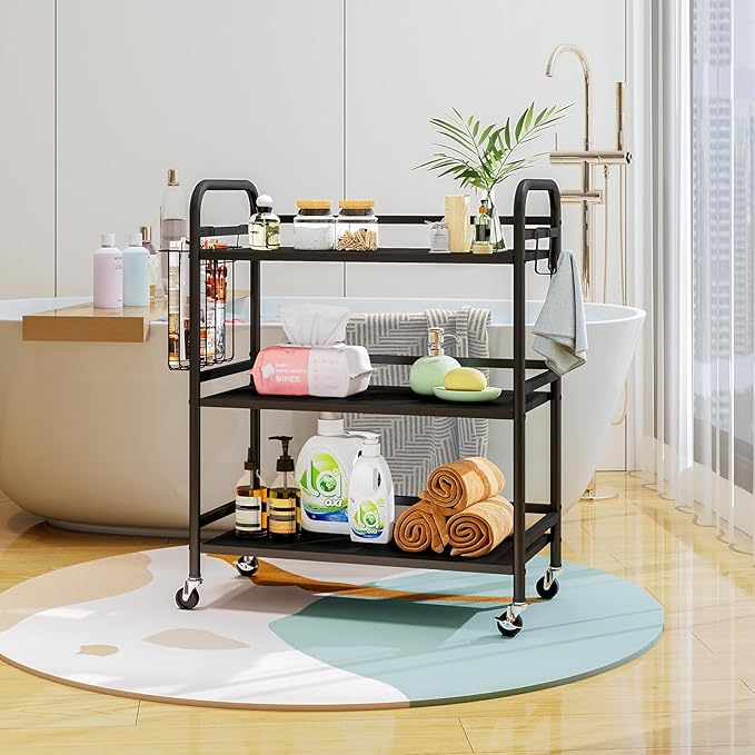 HDANI 3 Tier Metal Rolling Utility Cart,High Capacity Multi Purpose Heavy Duty Cart for Office,Kitchen,Living Room,Bedroom,Black