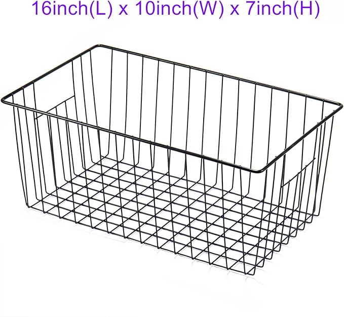 16inch Freezer Wire Storage Organizer Baskets, Household Refrigerator Bin with Built-in Handles for Cabinet, Pantry, Closet, Bedroom
