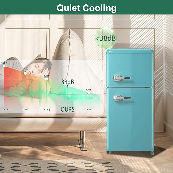 Retro Mini Fridge 3.5 Cu. Ft. Apartment Size Refrigerator with Freezer, 7-Level Adjustable Thermostat Small Retro Refrigerator with Freezer 2-Door Vintage Compact Fridge for Dorm Office RV, Mint Blue