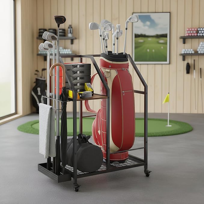 Golf Storage Organizer for Garage, Golf Bag Storage Rack with Wheels, Mobile Golf Club Rack for Garage, Heavy Duty Golf Bag Holder Stand with Rolling Wheels & Multi Storage