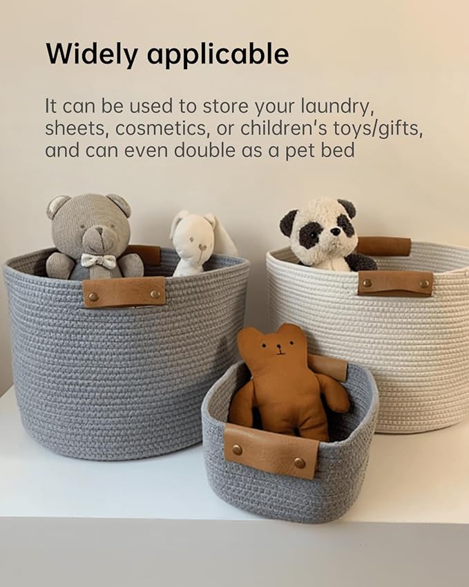 Large Cotton Woven Blanket Basket with PU Leather Handle, Kids Clothes Toys Gifts Organizer, Living Room Basket Bathroom Shower Storage Laundry Basket, White
