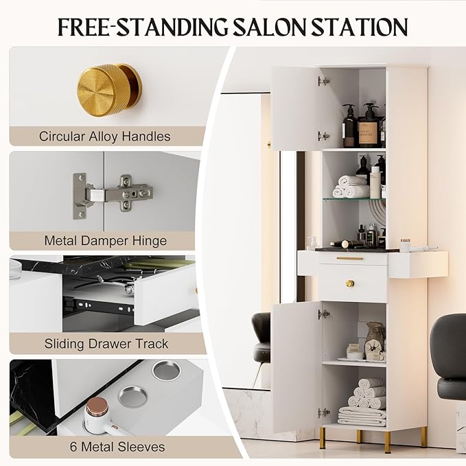 Salon Stations for Hair Stylist, Barber Station w/Glass Shelf & Golden Handles, Hair Salon Station Beauty Salon Spa Equipment w/6 Hair Dryer Holders, 2 Storage Cabinet & Drawers(White)