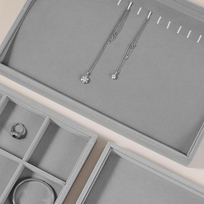 Velvet Jewelry Display Tray For Bracelet Pendant Necklace, Multi-Slot Stackable Storage Tray For Long Chain Jewelries, Drawer Insert Jewelry Organizer (Gray)