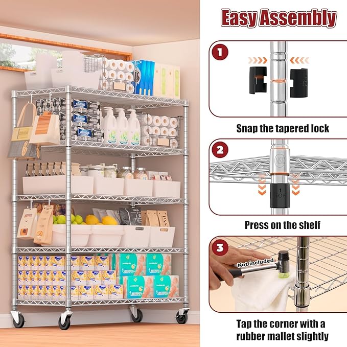 PrimeZone 5 Tier 48" Wx24''Dx81''H Wire Shelving with Wheels 3000lbs NSF Storage Shelves Heavy Duty Metal Shelf Adjustable Rolling Rack Commercial Garage Restaurant Warehouse Kitchen Chrome 6Pack