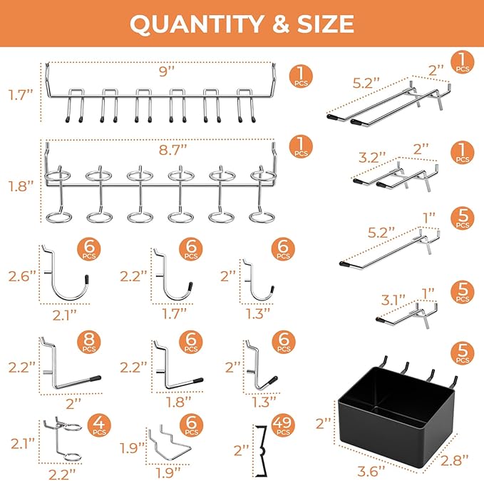 INCLY 120PCS Pegboard Accessories Organizer Kit, Peg Board Hooks Assortment with Bins for Organizing Various Tools, Fit 1/8 or 1/4 inch Pegboard for Hanging Storage, Garage Wall Attachments