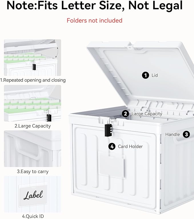 Oterri Plastic File Box with Lid for Letter Size File Folders, Hanging File Folder Box, File Organizer for File Cabinet, Home, Office,School(White, Large-1 Pack Without Folders)