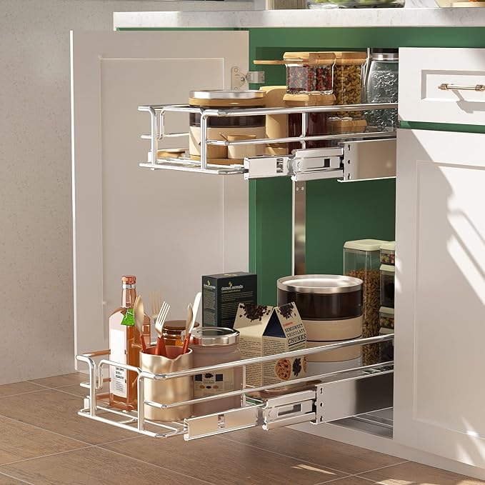 LOVMOR 2 Tier 5½" W x 21½" D, Individual Pull Organizer Kitchen Cabinet Storage Sliding Shelves