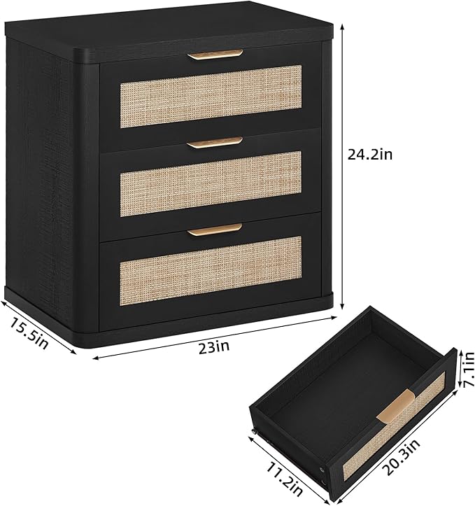 LEYAOYAO Rattan Night Stand Set of 2 with Drawers, 23" Large 3 Drawer Boho Nightstand, Natural Wood Bedside Table Storage Cabinet, Bed Side End Tables Dresser for Bedroom, Living Room, Hallway, Closet