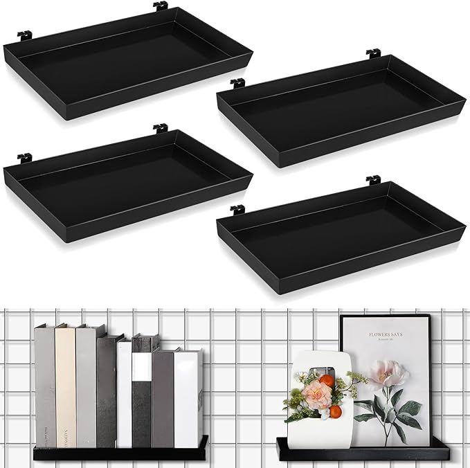 Coume 4 Pcs Grid Panel Display Shelf 11.8 x 7.87 Inch Metal Display Rack Gridwall Shelving Wall Organizer Grid Wall Panels Hanger Accessory for Crafts Room, Garage, Workbench, Office, Retail