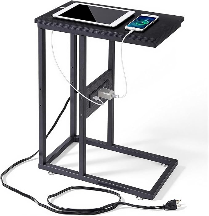 VECELO C Shaped End Side Table with Charging Station & Power Outlets for Couch Sofa/Bed, Snack TV Tray with Metal Frame for Living Room Bedroom 1 PCS, Black