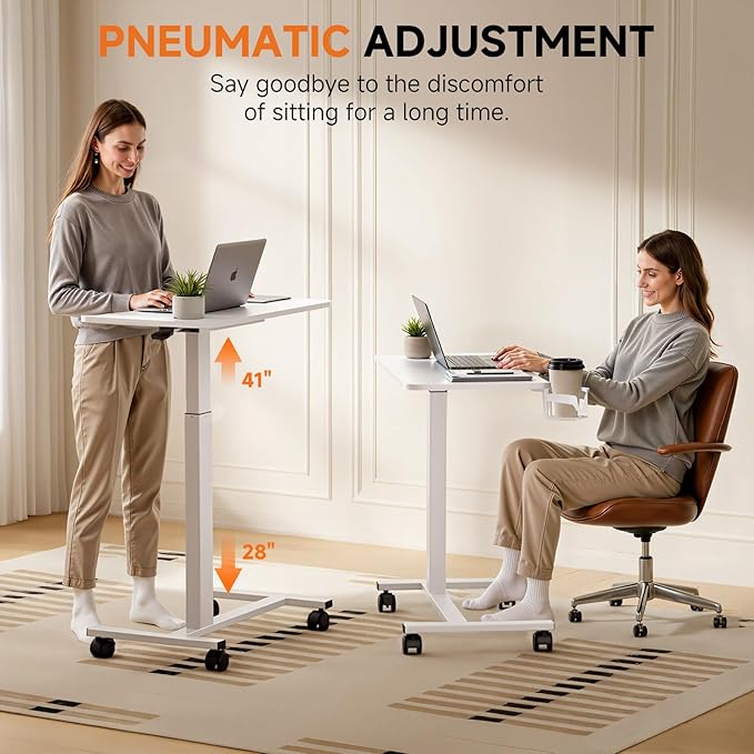 COMHOMA Adjustable Overbed Bedside Table with Lockable Wheels, Pneumatic Mobile Standing Laptop Desk, Small Standing Desk Portable Rolling Overbed Table Hospital Home Use(28" W x 16" D, White)
