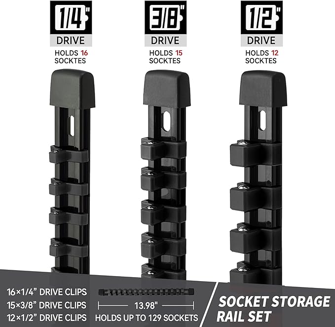 Socket Organizer Drive ABS Tools - Black Socket Holder, Premium Quality 3 Pieces Socket Holders Kit 1/4-Inch x 16 Clips, 3/8-Inch x 15 Clips, 1/2-Inch x 12 Clips(3PC,Black)