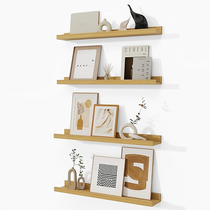 Fun Memories Picture Ledge Shelf, Floating Shelves Set of 4, 24 Inch Picture Shelves for Wall with Ledge, Large Nursery Book Shelf for Toys Storage, Living Room, Bedroom Decor Frames, Oak
