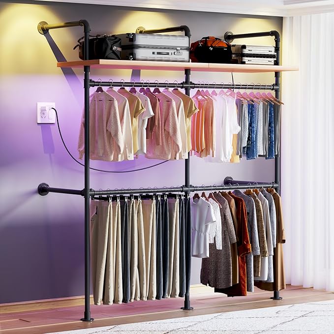 Industrial Pipe Clothing Rack, Reversible 79.7” Clothes Rack for Hanging Clothes with LED Lights, Black Wall Clothing Rack Wall Mounted Rack for Walk-in Closet, Laundry Room or Retail Display