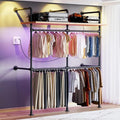 Industrial Pipe Clothing Rack, Reversible 79.7” Clothes Rack for Hanging Clothes with LED Lights, Black Wall Clothing Rack Wall Mounted Rack for Walk-in Closet, Laundry Room or Retail Display