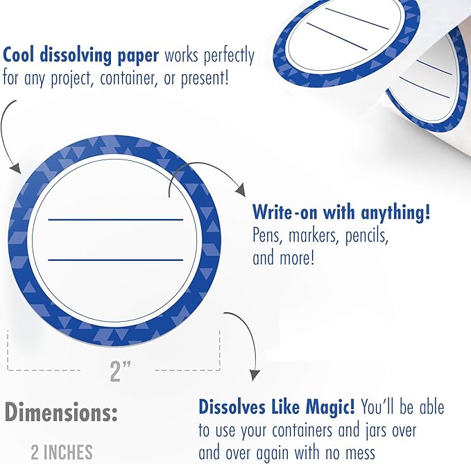 MESS Dissolvable Canning Labels for Jars – 200 Dissolvable Mason Jar Labels - Dissolvable Food Labels for Containers - Jam Homemade Canning Jar Labels Stickers - Removable Mason Jar Labels 2" Blue