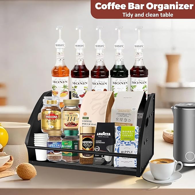 Premium Metal Design - Strong Liquor Bottle Display Shelf, 3 Steps Extra Large Rustic Mini Bar, Countertop Coffee Syrup Organizer with Handles, Ideal Gift for Dad & Liquor Enthusiasts