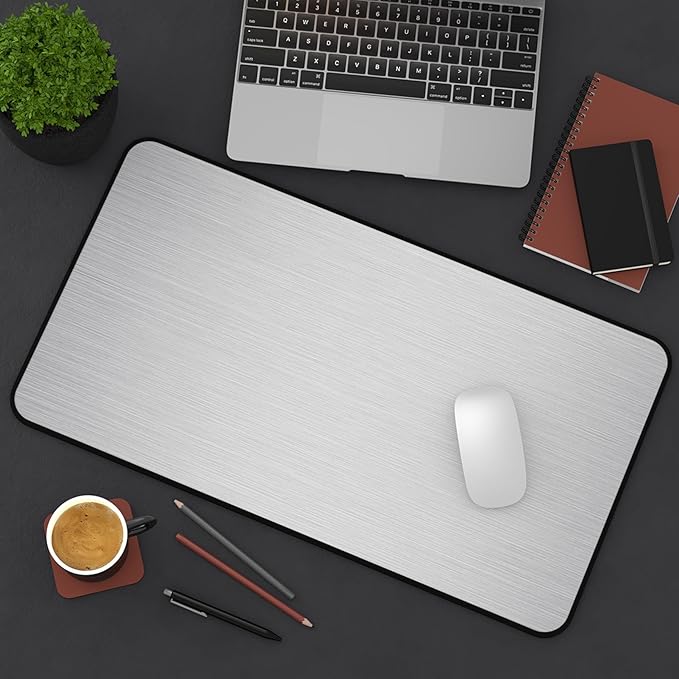 Brushed Metal Texture Desk Mat - Extended Mouse Pad & Desk Pad, Neoprene Surface, Non-Slip Rubber Base, Stitched Edges, Desk Protector for Keyboard & Mouse (Silver, 12x22)