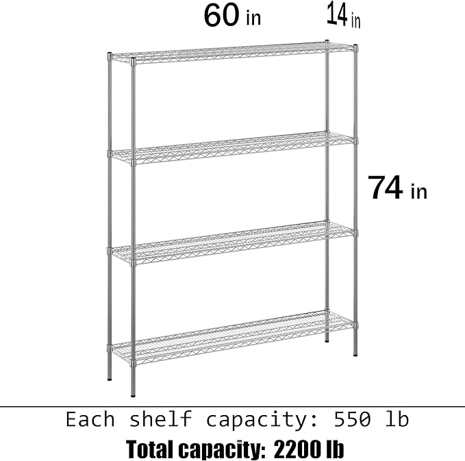 14" Deep x 60" Wide x 74" Height Wire Shelving Kit | 4-Tier | NSF Commercial Storage Rack Unit