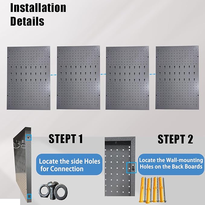JZD 115 PCS Metal Pegboard Wall Organizer 4 Packs Metal Pegboard Kit 66x24 Inch Pegboard Panels Tool Organizer Kit with Accessories Hooks for Garage, Tool Storage,Craft Room