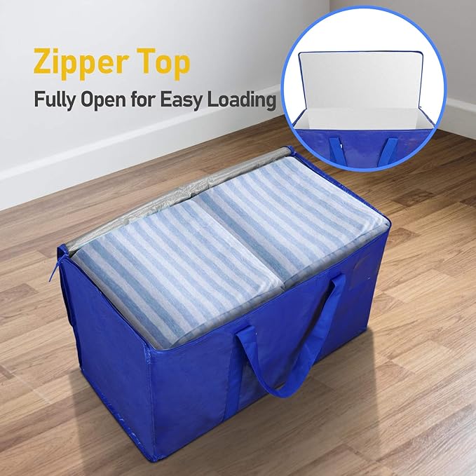 TICONN 8 Pack Extra Large Moving Bags with Zippers & Carrying Handles, Heavy-Duty Storage Tote Moving Boxes for Space Saving (8 Pack, Blue)