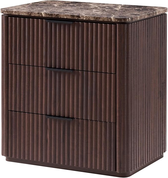 Fluted Nightstand Set of 2, Engineered Wood Bedside Table with 3 Drawers, Modern End Table with Faux Marble-Top, Curved Corners, Metal Handle, Large Night Stand for Bedroom, Office, Closet, Dark Oak
