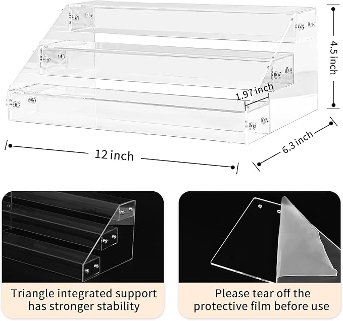 12" Acrylic Riser, Shelves - 3-Tier Clear Perfume Organizer,Sturdy and Stable Acrylic Organizer for Display Decorative,Skincare Organizers for Countertop, Tabletop, Collectibles, Nail Polish