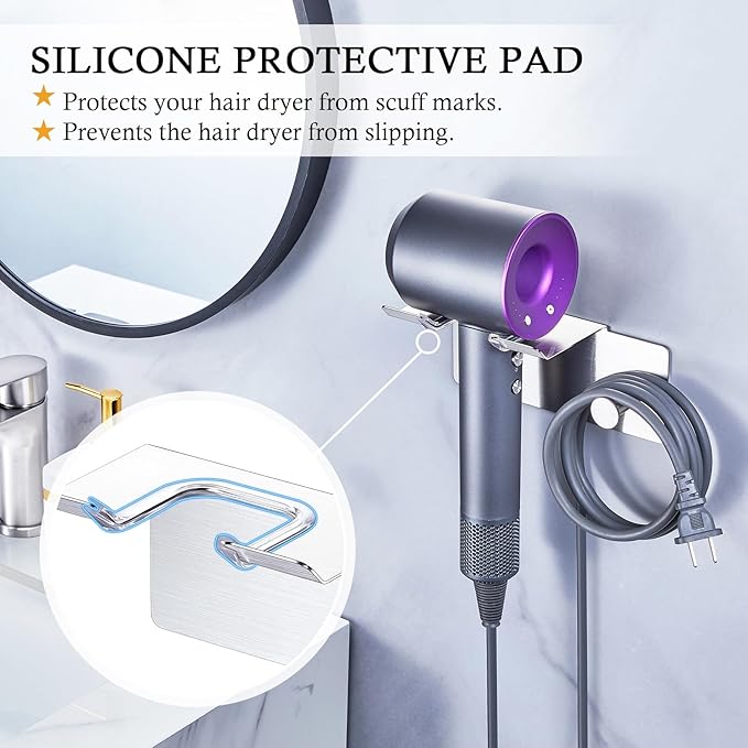 Hair Dryer Holder Wall Mount, Blow Dryer Holder for Wall, Adhesive Hairdryer Holder, Stainless Steel Blowdryer Holder, Bathroom Hair Tool Organizer, Hair Dryer Hanger Hook with Cord Storage (Silver)