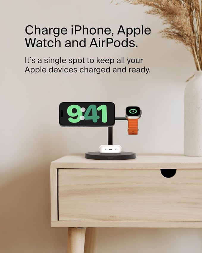 Belkin MagSafe-Compatible Charger, 3-in-1 Wireless Charging Station, Qi2-Certified 15W Wireless Charge for Apple iPhone 17 Series, Apple Watch, AirPods w/Non-Slip Base, 40W Included - Black
