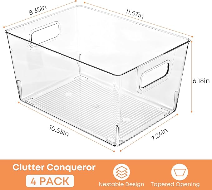 MOONEDGE 8 Pack Clear Plastic Storage Bins, 11"x8"x6" Food-Grade Pantry Storage Containers for Kitchen, Fridge & Freezer, Versatile Organizer Bins for Bathroom, Closet, Shelves & Home Organization