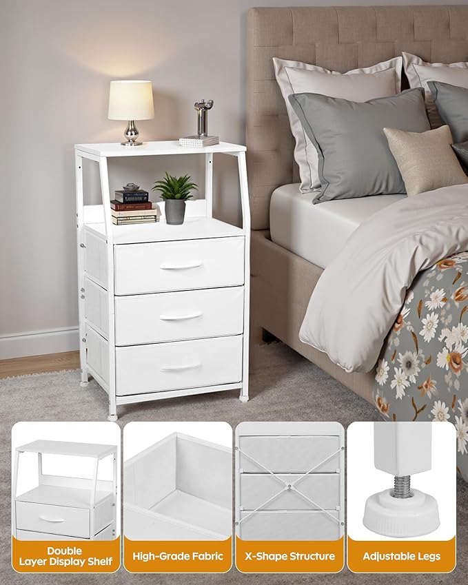 Dresser for Bedroom, Fabric Nightstand Tall Dresser & Chests of Drawers with 3 Drawers, Vertical Organizer Storage Tower Unit for Bedroom, Hallway, Entryway White