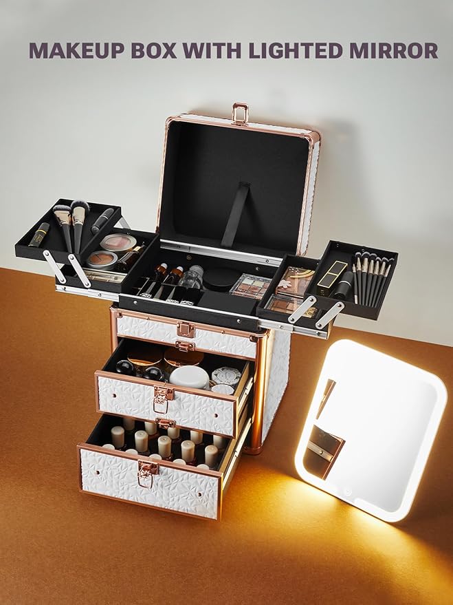 Qislee Makeup Box with Double Drawers and Four Trays, A Detachable Lighted Mirror, Waterproof Travel Train Case, Cosmetic Organizer and Makeup Suitcase with Magnetic LED Mirror(Bright White)