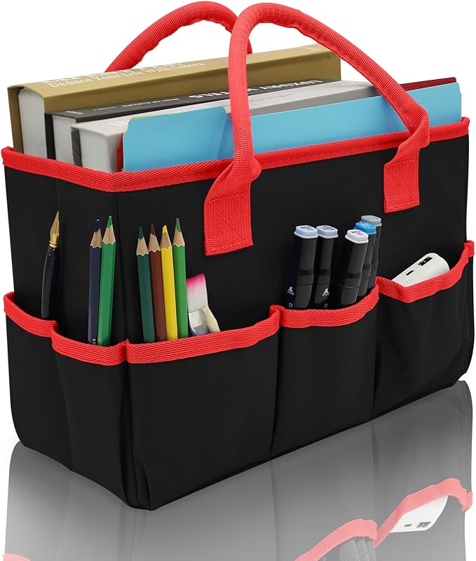 Cupohus Art Organizer Craft Storage Tote Bag with Pockets and Hadles, Oxford Fabric Carrying Caddy for Teacher, Officer, Artist, Students, Traveler, and more – Black with Red Edge