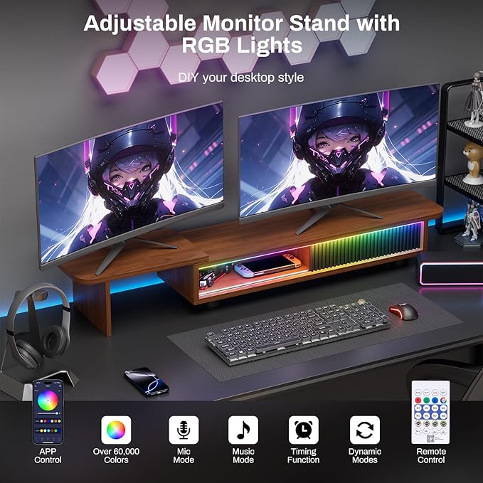 Artswish Monitor Riser Stand with Charging Station & RGB Light, Adjustable Angle Dual Monitor Stand for Desk, Computer Desk Shelf with Sliding Door, Desk Organization for Top of Desk, Walnut cOLOR