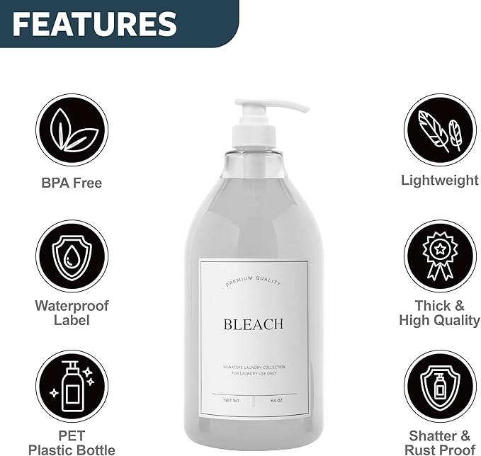 Calindiana Modern Farmhouse Bleach Liquid Laundry Detergent Dispenser for Laundry Room Decor and Organization, PET Plastic Landry Soap Containers with Water Resistant Label, Clear 64oz